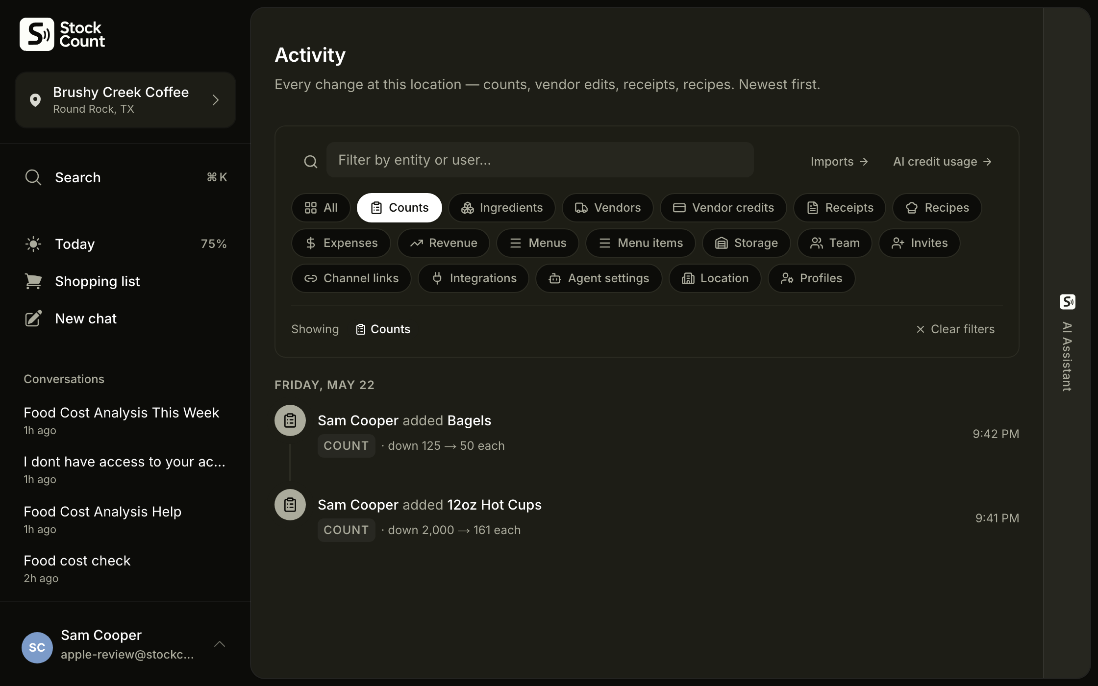 Stockcount count log — counts captured by voice.