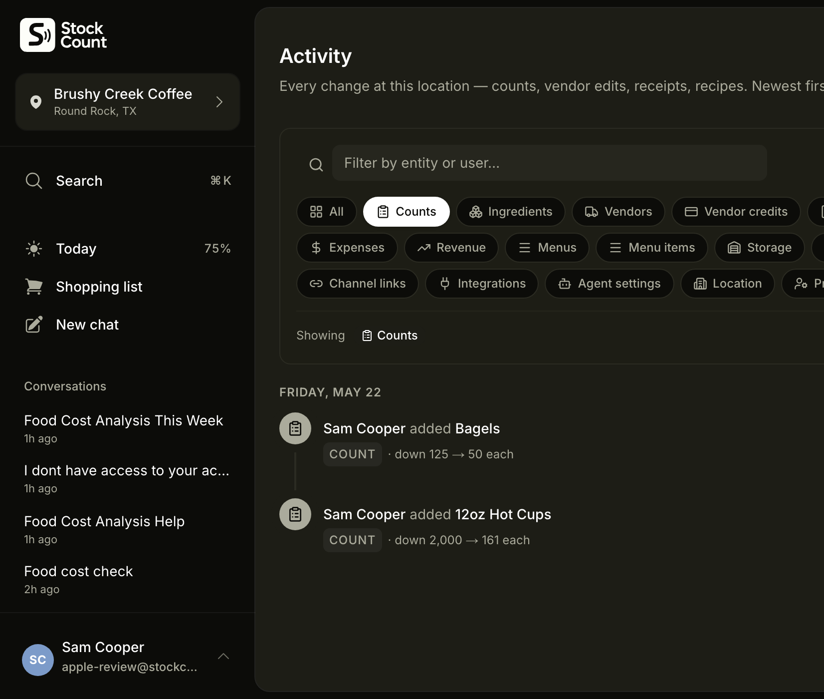 Stockcount count log — counts captured by voice.