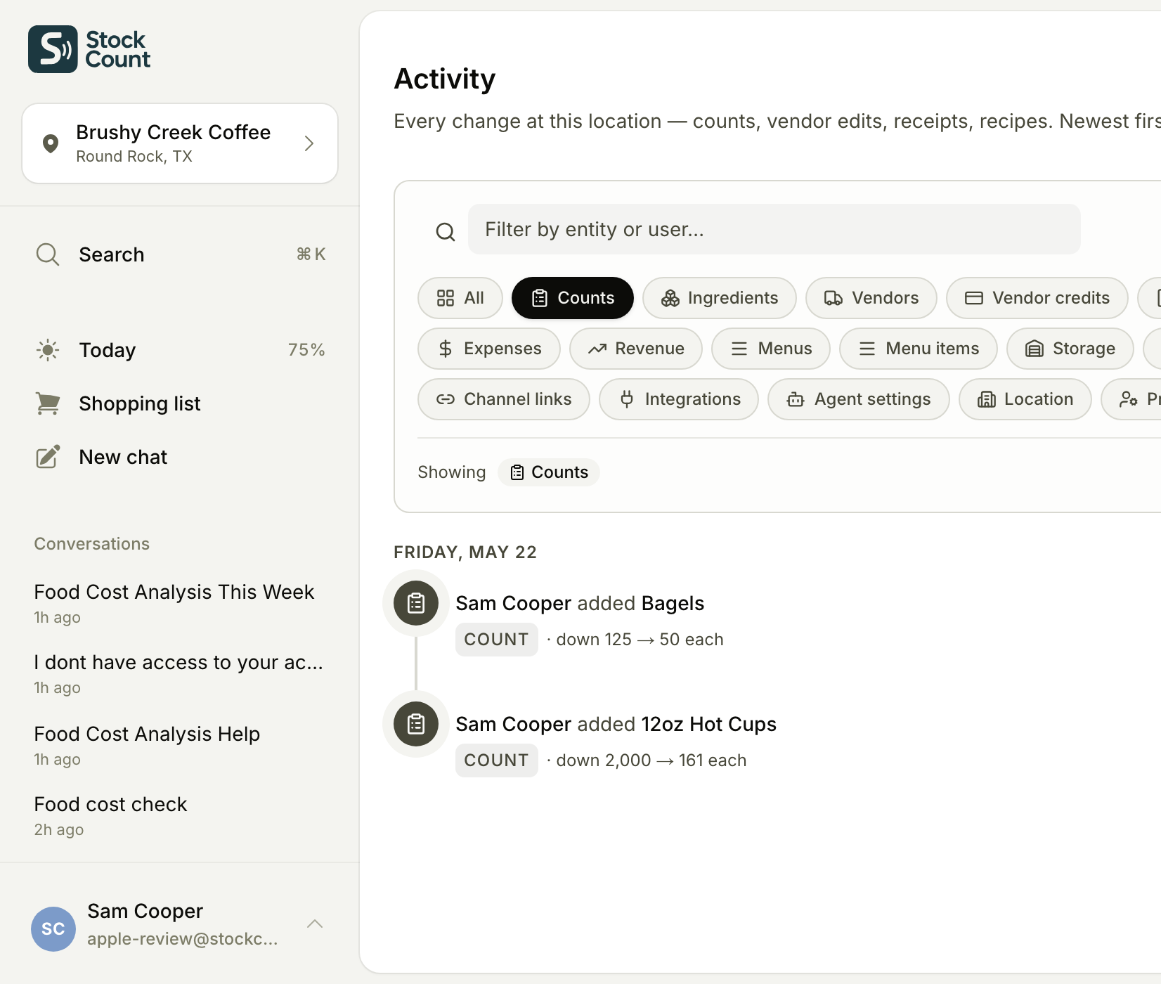 Stockcount count log — counts captured by voice.