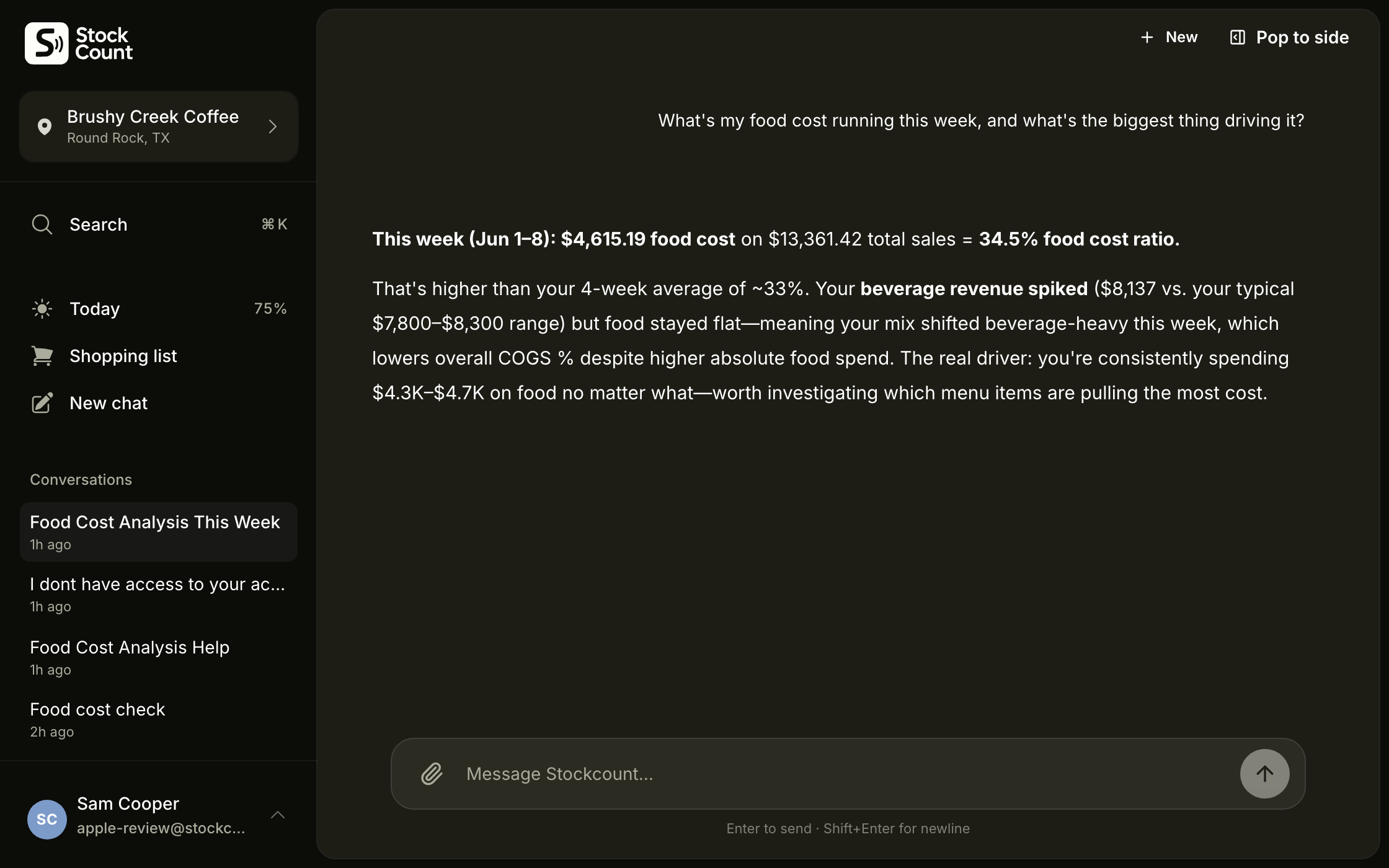 Stockcount chat answering a food cost question — inventory that feels like a conversation.