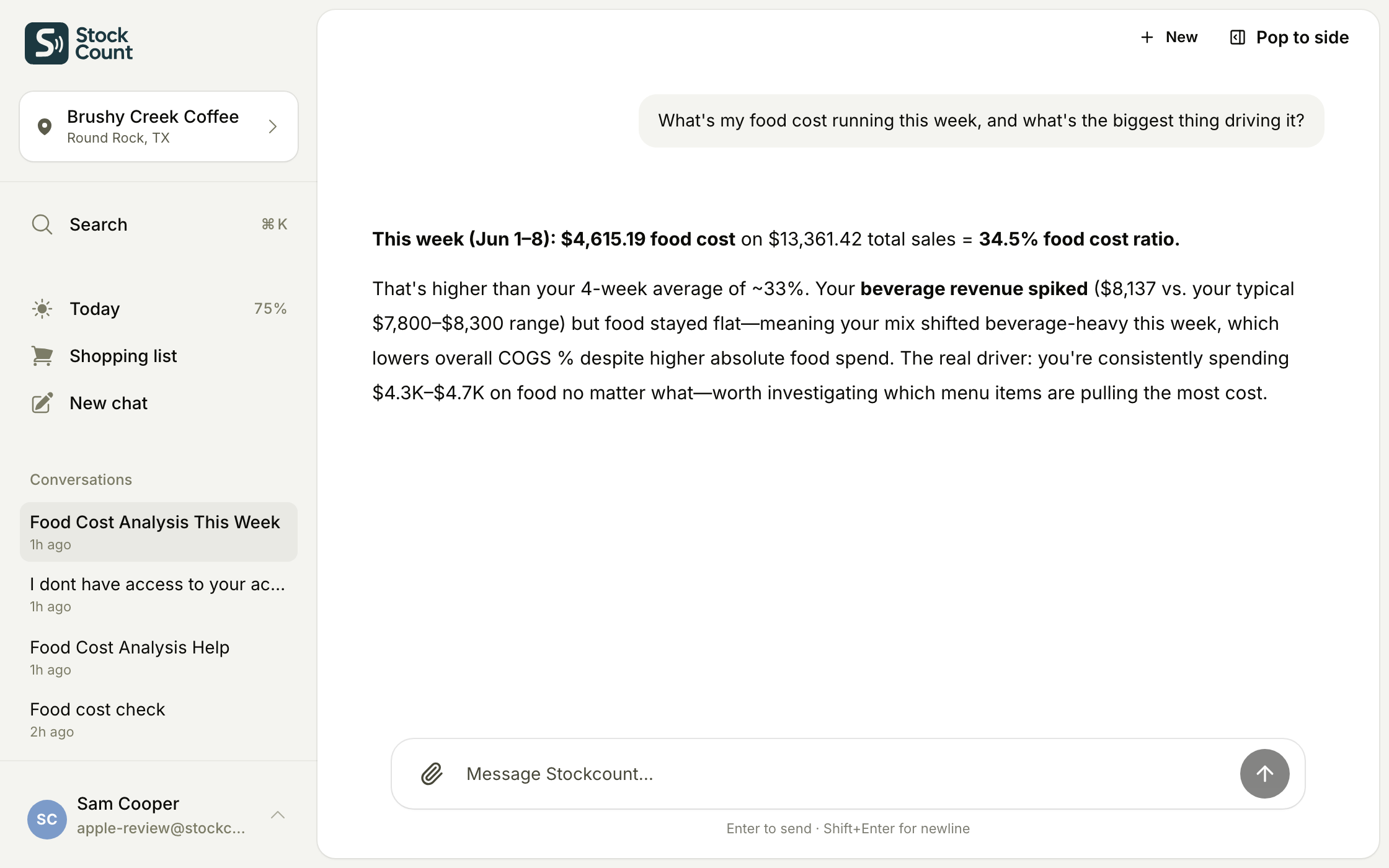 Stockcount chat answering a food cost question — inventory that feels like a conversation.