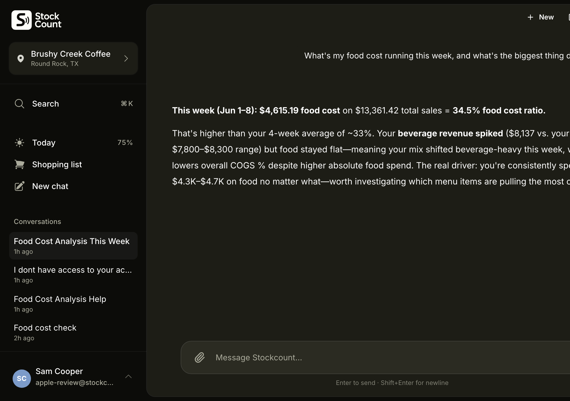 Stockcount chat answering a food cost question — inventory that feels like a conversation.