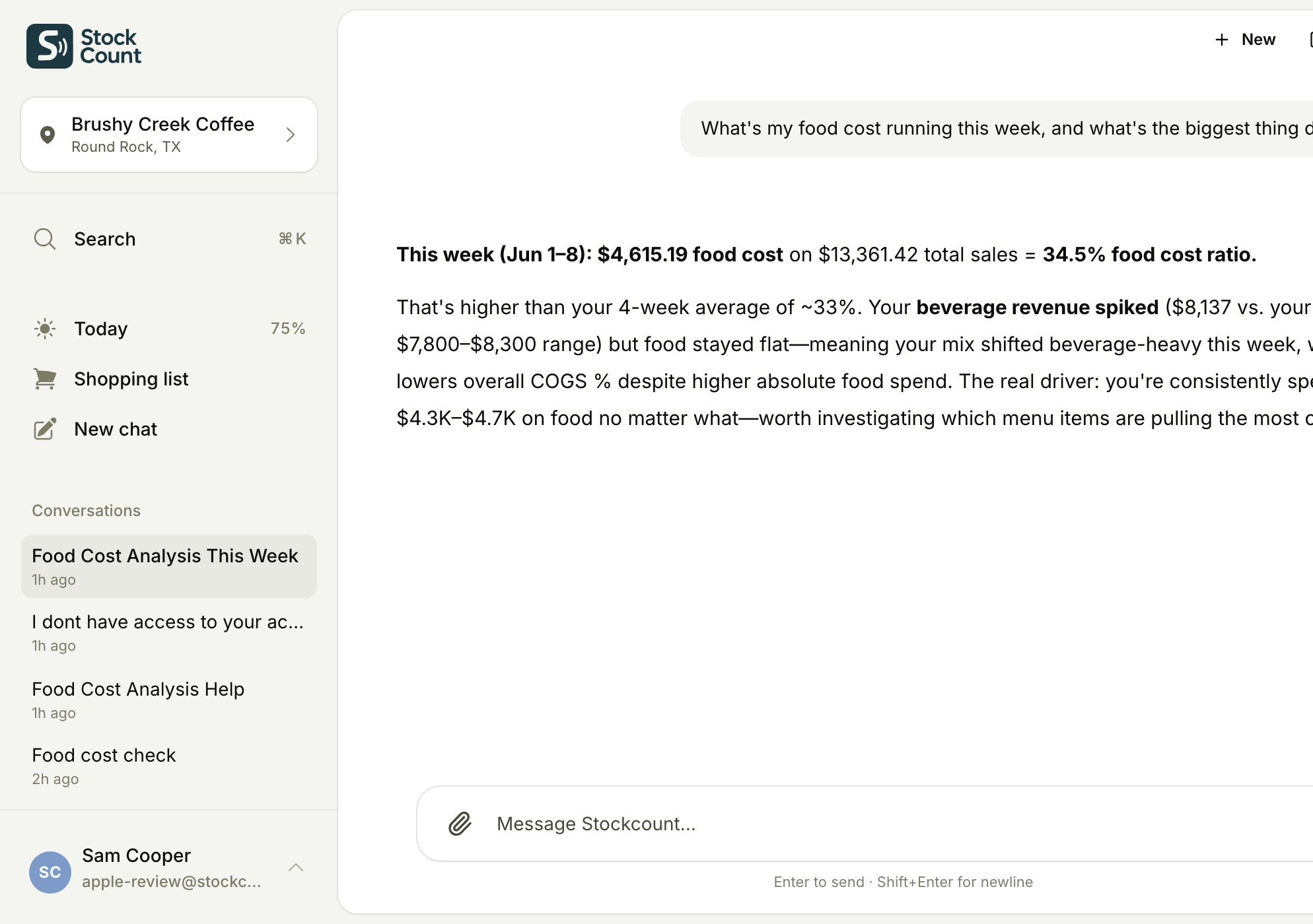 Stockcount chat answering a food cost question — inventory that feels like a conversation.