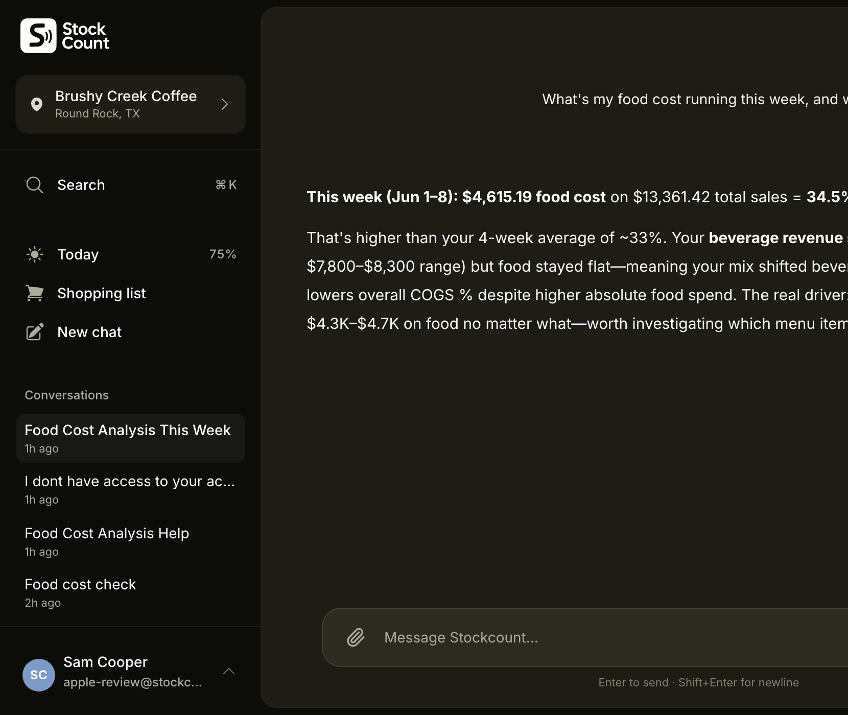Stockcount chat answering a food cost question — inventory that feels like a conversation.