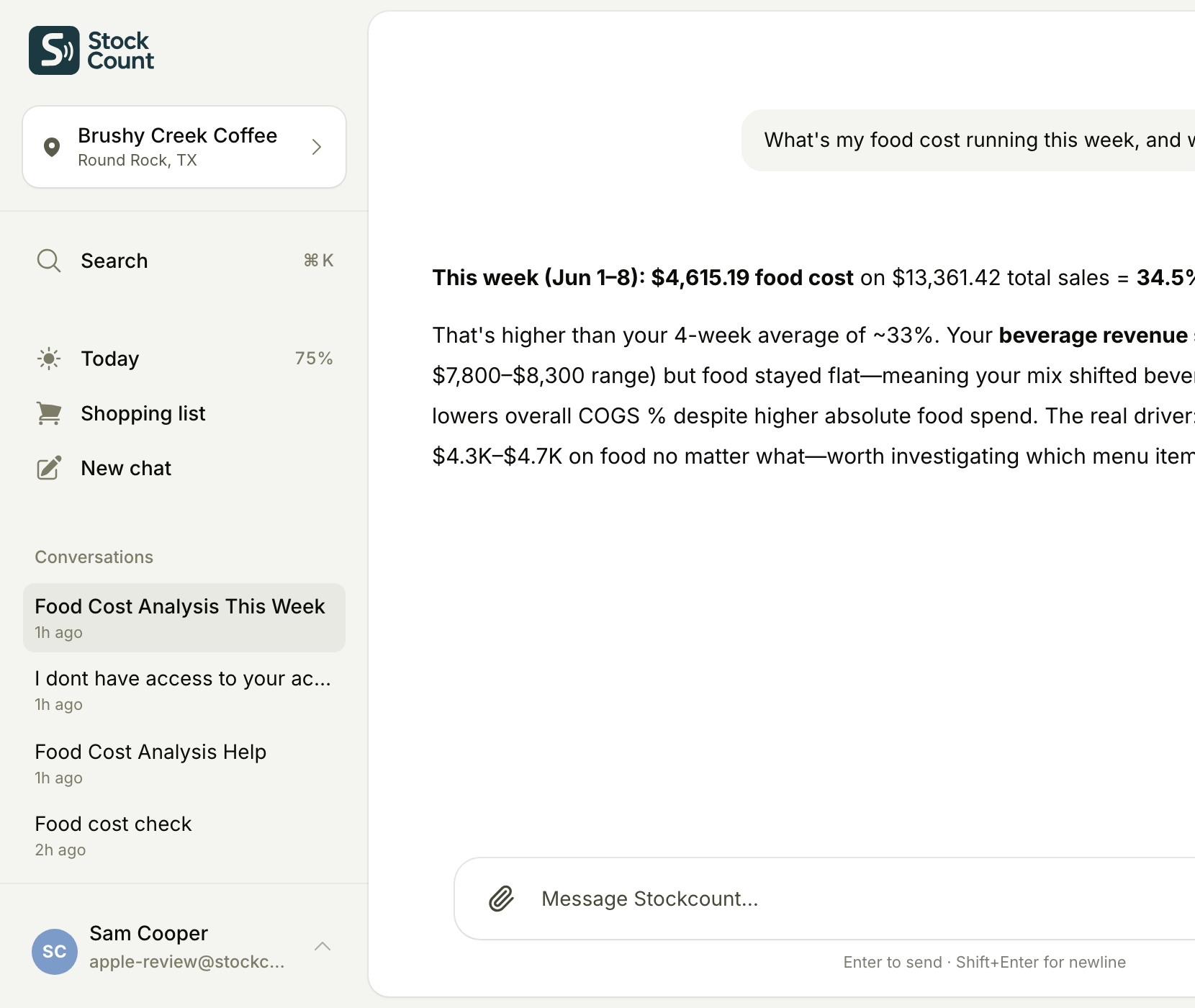 Stockcount chat answering a food cost question — inventory that feels like a conversation.