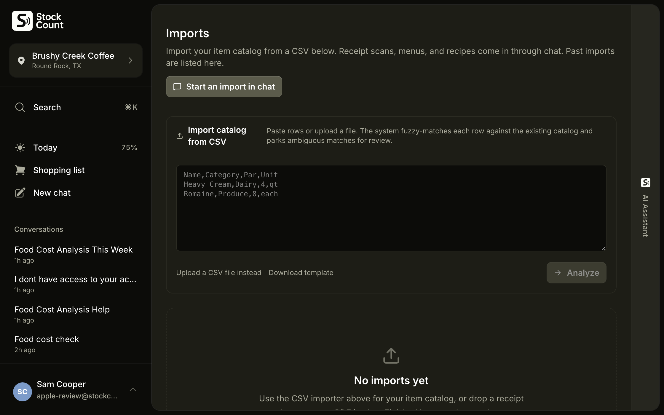 Stockcount imports — drop a receipt photo, menu PDF, or CSV to bring data in.