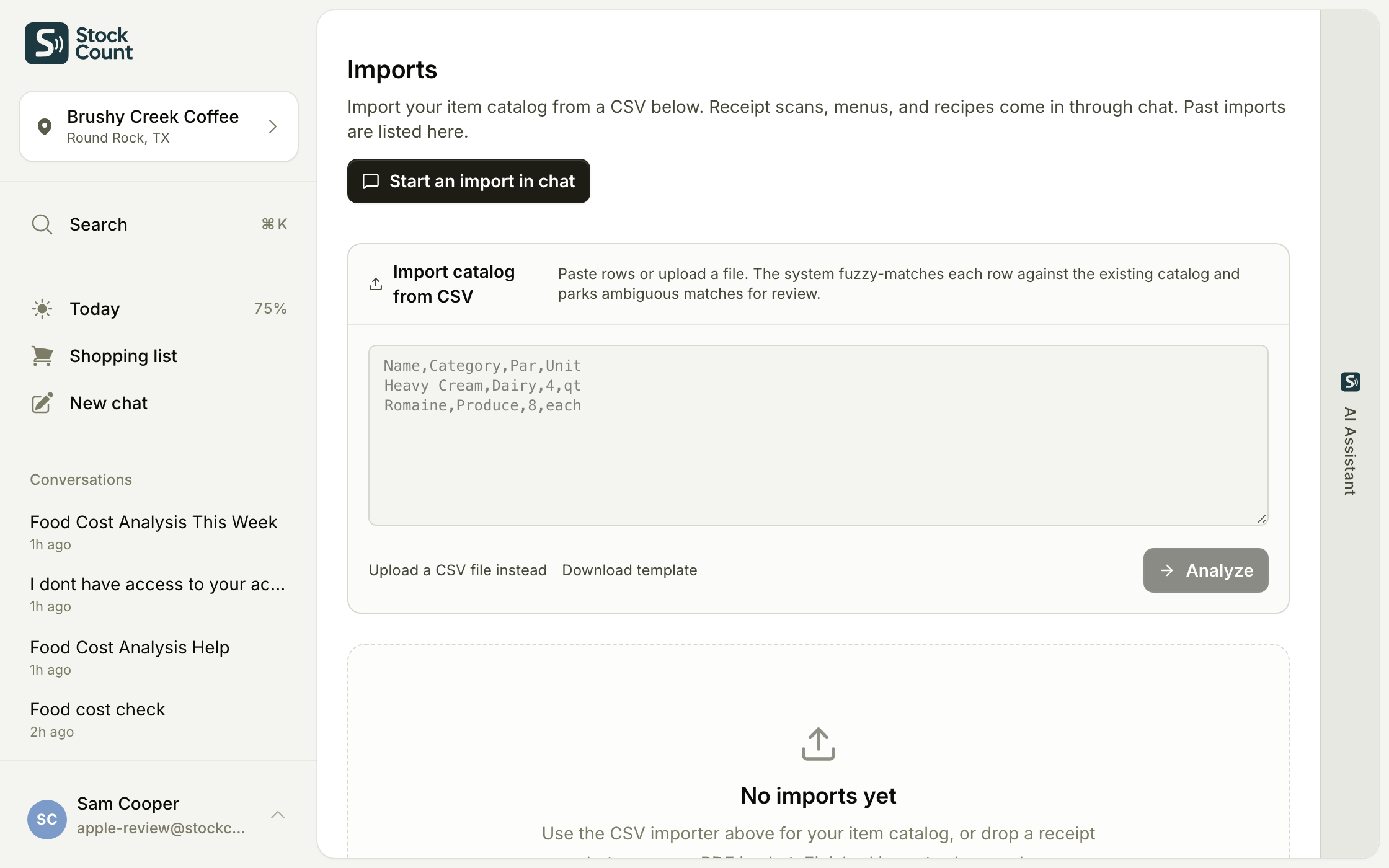 Stockcount imports — drop a receipt photo, menu PDF, or CSV to bring data in.