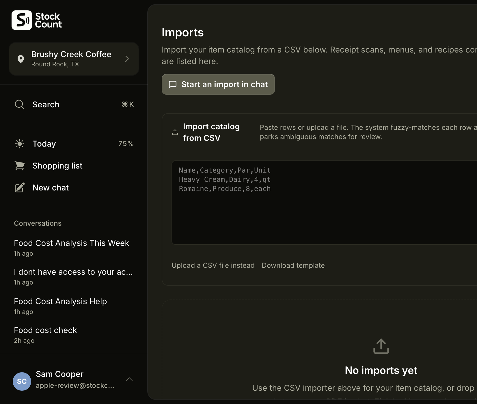 Stockcount imports — drop a receipt photo, menu PDF, or CSV to bring data in.