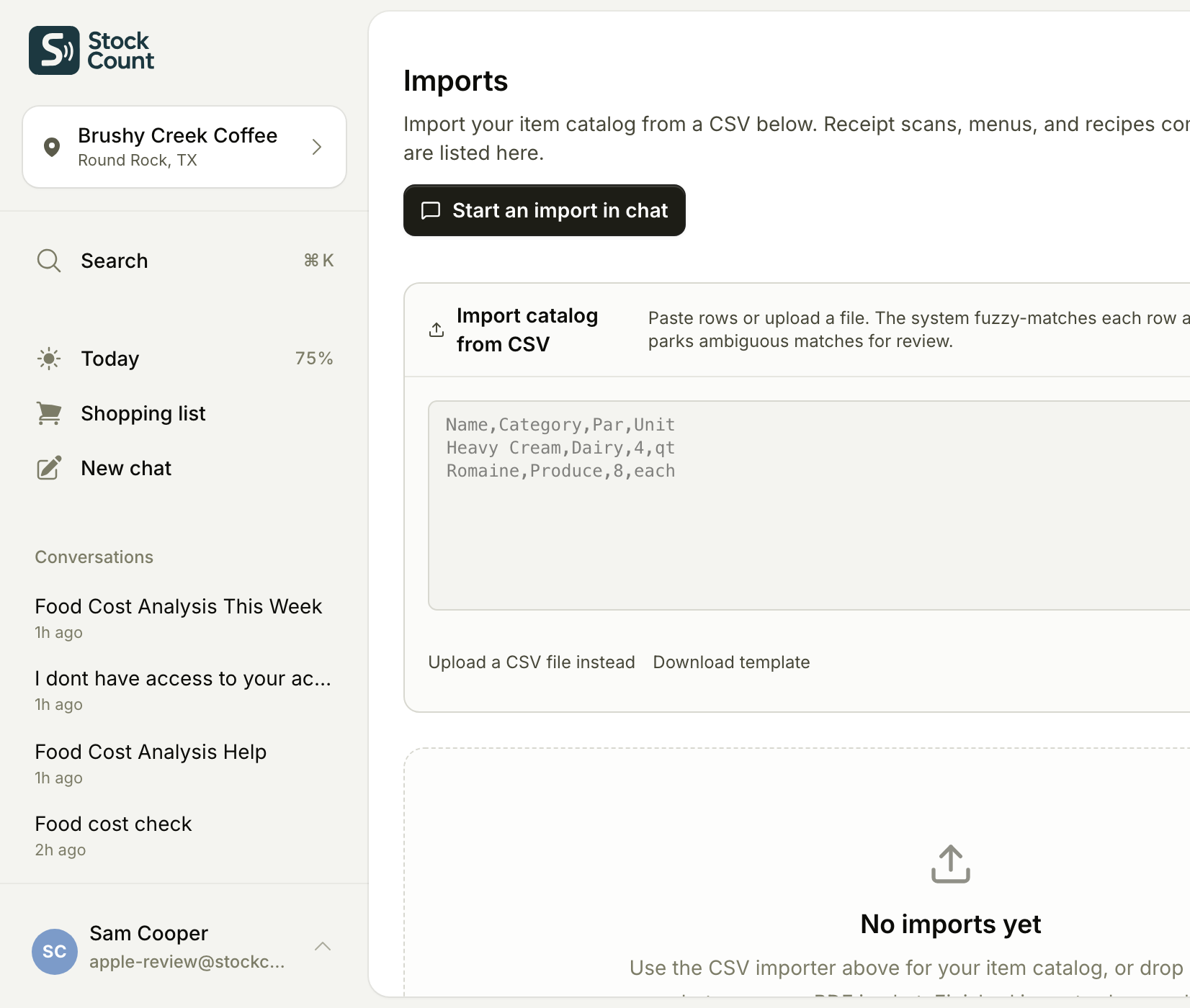 Stockcount imports — drop a receipt photo, menu PDF, or CSV to bring data in.